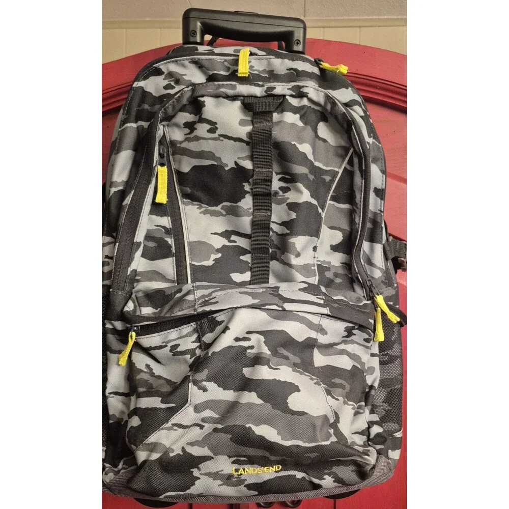 Lands End Rolling Backpack Camouflage School Large Pockets Water Bottles EUC